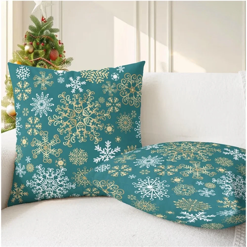 Holiday Snowflake Throw Pillow Case Set - Teal and Gold 18” x 18” NWOT